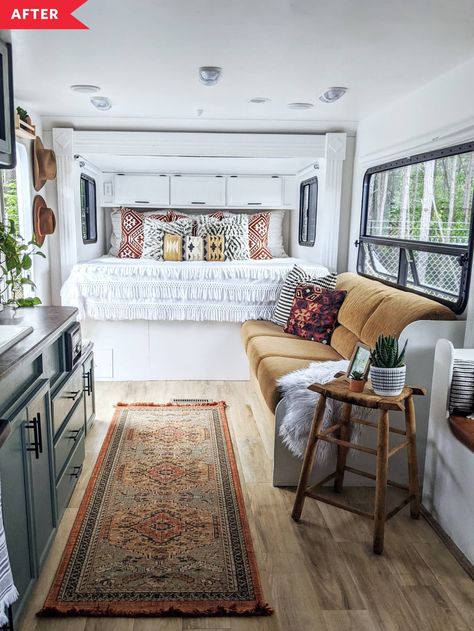 Before & After: An RV Makeover with Boho Style | Kitchn Camper Vintage, Rv Interior Remodel, Camper Trailer Remodel, Caravan Renovation, Diy Camper Remodel, Mobile Home Living, Rv Renovations, Camper Makeover, Camper Living