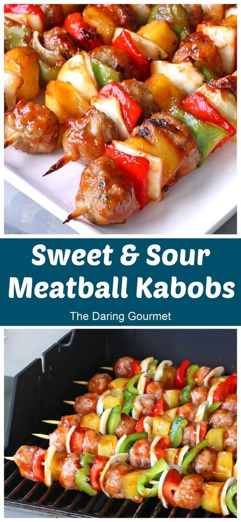 The perfect balance of sweet and tangy, these savory Sweet and Sour Meatball Kabobs pack in a lot of healthy veggies and are as visually pretty as they are delicious! The skewers can be assembled well in advance and then thrown on the grill as soon as you’re ready to eat! Meatball Kabobs, Grilled Meatballs, Veal Meatballs, Sausage Kabobs, Healthy Meatballs, Sweet And Sour Meatballs, Veggie Skewers, Kabob Recipes, Mango Recipes