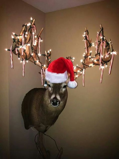 Decorate the deer!! Deer Room Ideas, Fireplace Decor With Deer Mount, How To Decorate With Deer Antlers, Deer Heads On Wall Ideas, Deer Mount Christmas Decor, Decorated Deer Mount, Living Room Decor With Deer Mounts, Christmas Decor With Deer Antlers, Deer Head Christmas Decor