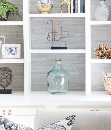 light gray grasscloth? How To Decorate A Bookshelf, Wallpaper Bookcase, Wallpaper Bookshelf, Studio Mcgee Living Room, Family Room Reveal, Driven By Decor, Living Room Built Ins, Decorating Bookshelves, Bookshelves In Living Room