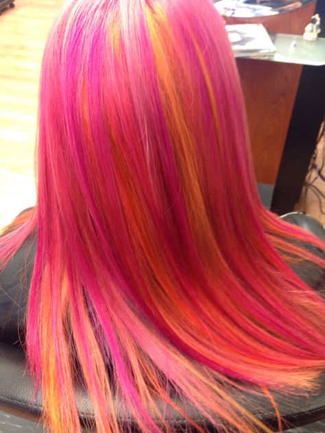 #pink #yellow #orange #hair #staceykirkham @perfectsalon Orange With Pink Highlights, Rainbow Colored Hair, Orange And Pink Hair, Orange Pink Hair, Pink Yellow Hair, Pink Orange Hair, Pink And Yellow Hair, Pink And Orange Hair, Wolf Monster