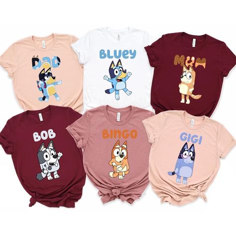 Price: $12.99#bluey #family #friends #matching #custom #bluey #birthday #cartoon #characters #shirts Cute Blue Things, Bluey Birthday Theme, Birthday Shirts For Family, Matching Siblings Top, Family Themed Halloween Costumes, Fiesta Bluey, Matching Birthday Shirts, Boy Birthday Ideas, Bluey Y Bingo