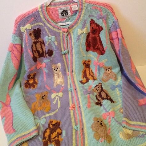 Bear Cardigan, Vintage Cardigan, Printed Cardigan, Vintage Knitting, Dream Clothes, Ugly Sweater, Vintage Sweaters, Aesthetic Outfits, Sweater Weather