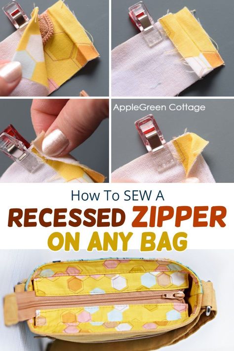 Bag Insert Pattern, Fabric Tote Bags With Zipper, Sewing A Zipper In A Bag, Diy Zipper Bags And Totes, Recessed Zipper Bag Tutorial, Bag With Zipper Tutorial, Sewing In A Zipper, Zippered Bags To Sew, Recessed Zipper Tote Bag Tutorial