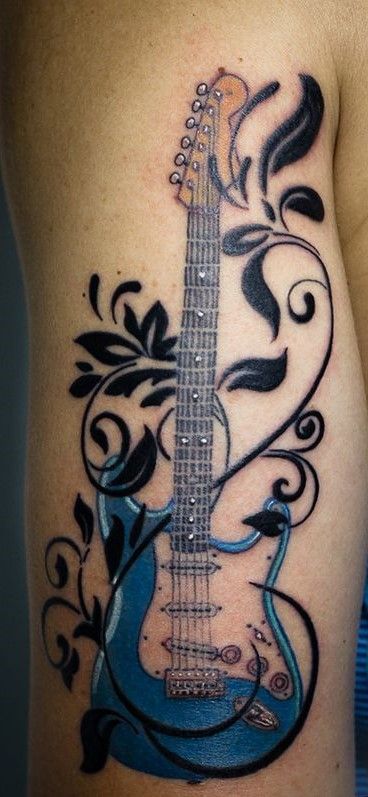 Guitar Tattoo For Women Beautiful, Electric Guitar Tattoo Ideas, Couples Music Tattoos, Stratocaster Tattoo, Electric Guitar Tattoo, Tattoo Guardian Angel, Guitar Tattoo Ideas, Music Guitar Tattoo, Guitar Tattoos