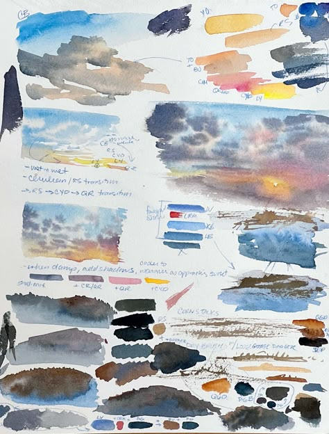 Watercolour Practice Ideas, Watercolor Water Tutorial, Watercolor Practice Exercises, Colorful Watercolor Paintings, Watercolor And Ink Art, Art Assignments, Art Tutorials Watercolor, Watercolor Sky, Watercolor Tutorial