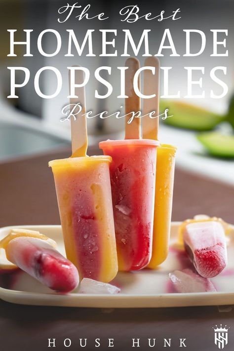 Cool off when the temperature is high with these 21 Tasty Homemade Popsicle Recipes for Kids and Adults | popsicle recipes | ice pops | fruit popsicle recipes | dole whip popsicles | yogurt popsicles | creamsicle recipes | strawberry popsicles | summer desserts  #popsicles #homemadepopsicles #icepops  Tap to see more recipes and cooking ideas and inspiration from House Hunk + Fatherhood at Its Finest Popcicles Recipes Strawberry, Popsicle Ideas For Summer, Pop Cycles Recipes, Home Made Popsicles Recipes, Sugar Free Popsicle Recipes, Homemade Popsicles For Kids, Dole Whip Popsicles, Adult Popsicles Recipes, Creamsicle Recipes