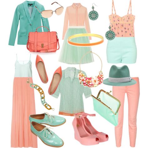 Doux Rousse: color combination: peach and mint Mint Skirt Outfit, Peach Colour Combinations, Peach Clothing, Mint Green Outfits, Mint Outfit, Peach Clothes, Mint Skirt, Color Melon, Peach Skirt