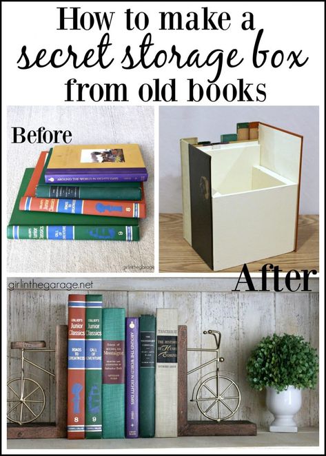 DIY hidden secret storage book box from thrifted book covers - Easy DIY tutorial by Girl in the Garage Glamorous Farmhouse, Farmhouse Thrift Store Makeovers, Secret Storage, Thrift Store Crafts, Book Storage, Book Art Diy, Diy Book, Diy Box, The Garage