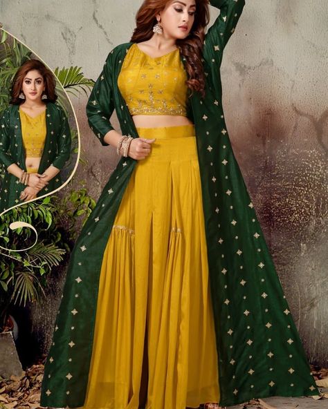 Long Jacket Style, Draping Pattern, Mehendi Function, Long Shrug, Haldi Dress, Party Dress Inspiration, Dresses Amazon, Sharara Designs, Combination Dresses