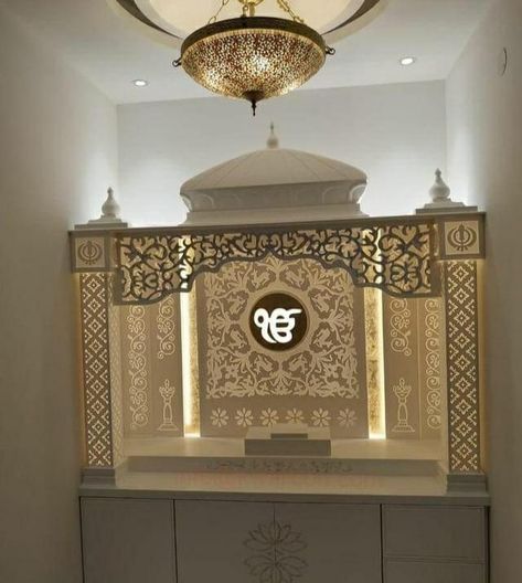 Guru Granth Sahib Room At Home, Guru Granth Sahib Ji Room At Home, Gurudwara Design For Home, Babaji Room Design, Home Gurudwara Design, Small Mandir For Office, Tile Swimming Pool, Corian Temple, Ik Onkar