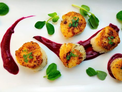 Seared Scallops with Roasted Beet Puree Beets Puree Recipe, Lodge Recipes, Beet Puree, Cold Appetizer Recipes, Paleo Entrees, Healthier Dinners, Colorful Dinner, Easy Healthy Cooking, Roast Gravy