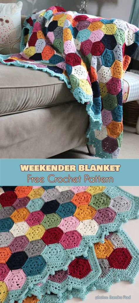 Weekender Blanket Free Crochet Pattern Sewing Blankets, Crochet Hexagon Blanket, Interesting Crochet, Crochet Beginners, Blankets Crochet, Stitches Crochet, Blanket Design, Crochet Afgans, Crochet For Beginners Blanket