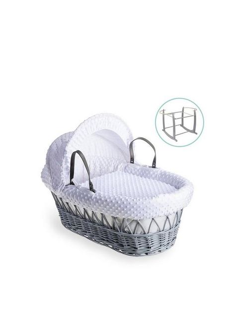 Clair De Lune Dimple Grey Wicker Moses Basket & Deluxe Rocking Stand - White Introducing our Dimple Wicker Moses Basket, a symbol of comfort, elegance, and safety. This sturdy and lightweight wicker basket, dressed with super-soft plush dot Dimple fabric, creates a snug and inviting sleep space. Handwoven Willow Wicker: This Moses basket is a testament to fine craftsmanship. Handwoven from lightweight yet sturdy willow wicker, it offers a touch of rustic elegance while being easy to transport with its two leather-look carry handles. All-Inclusive Set: Complete with a detachable, adjustable hood, a hypoallergenic fibre mattress, and a soft coverlet, our Moses basket includes everything you need to ensure your babys comfort and security. Deluxe Rocking Stand: This set includes a Clair de Lun Grey Moses Basket, Grey Wicker Baskets, Moses Basket Bedding, Moses Basket Stand, Blue Baskets, Baby Moses Basket, Baby Basket, White Baskets, Knit Baby Sweaters