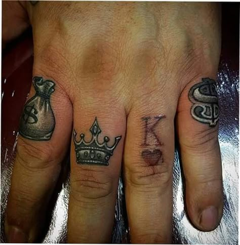 Hustle so you can live like a King with your queen Dice Finger Tattoo, King Finger Tattoos For Men, Men Knuckle Tattoos, King And Queen Tattoo Finger, King And Queen Tattoo On Hand, Finger Tattoos King And Queen, Hustle Tattoo For Men, King And Queen Hand Tattoo For Couples, Knuckle Tattoos For Guys