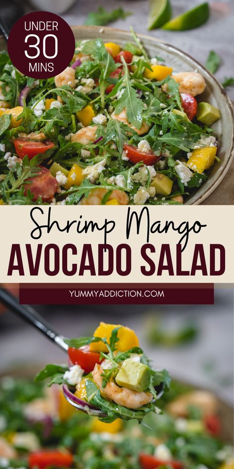 Shrimp Mango Avocado Salad Shrimp And Arugula Salad, Salad With Shrimp Healthy, Shrimp Mango Salad Recipes, Shrimp And Avocado Salad Recipes, Shrimp Mango Avocado Salad, Shrimp And Mango Salad, Shrimp Feta Salad, Shrimp Arugula Salad, Pescatarian Salads