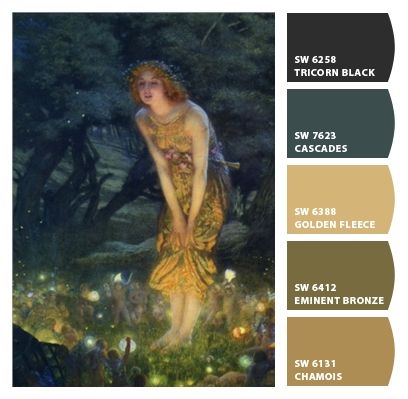 Paint colors from Chip It! by Sherwin-Williams Midsummer Eve Painting, Pre Raphaelite Color Palette, Midsummer Nights Dream Color Palette, Midsummer Color Palette, Greek Mythology Color Palette, Fairytale Color Palette, Fairy Color Palette, Fantasy Color Palette, Arthur Hughes