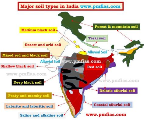 Red Soils Red soils along with its minor groups form the largest soil group of India. The main parent rocks are crystalline and metamorphic rocks like acid granites, gneisses and quartzites. Characteristics of Red Soils The texture of these soils can vary from sand to clay, the majority being loams. On the uplands, the red soils are poor, gravelly, and porous. But in the lower areas they are rich, deep dark and fertile. Chemical Composition of Red Soils They are acidic mainly due to the nature o India World Map, Ias Study Material, Soil Types, Black Soil, Indian History Facts, Physical Geography, Geography Map, Geography Lessons, Gk Knowledge