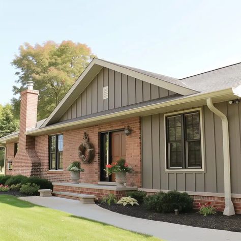 Painted Gable Exterior, House Siding Ideas Exterior With Brick, Half Brick Half Siding Exterior, Brick And Siding Exterior, Red Brick Homes, House Exterior Makeover, Brick House Exterior Makeover, Brick Ranch Houses, Red Brick House Exterior