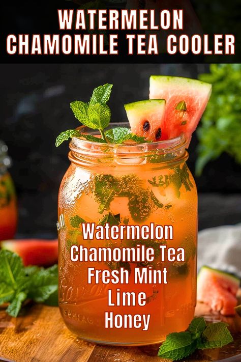 Refresh and unwind with Watermelon Chamomile Tea Cooler, a perfect blend of juicy watermelon and soothing chamomile tea. This easy-to-make recipe offers a delightful way to cool down on hot days, combining the hydrating benefits of watermelon with the calming effects of chamomile for a refreshing summer drink. Sun Tea Recipes Homemade, Iced Chamomile Tea Recipes, Watermelon Tea Recipe, Cold Tea Drinks, Chamomile Tea Recipe, Watermelon Tea, Fruit Tea Recipes, Iced Drinks Recipes, Tea Drink Recipes