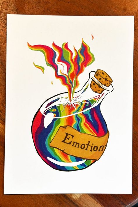 Bottled Emotions, Potion Art, Bottling Up Emotions, Emotions Art, Acryla Gouache, Sherman Oaks, Art Print Wall, Rainbow Art, Aesthetic Collage