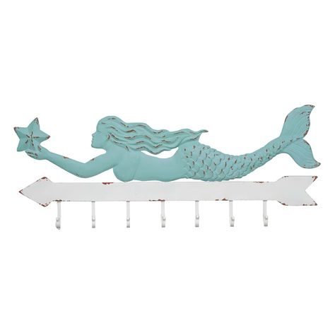 Beachcrest Home Bucareli Metal 7 - Hook Wall Mounted Coat Rack & Reviews | Wayfair Mermaid Figures, Functional Wall Art, Mermaid Wall Decor, Kids Playroom Furniture, Metal Wall Shelves, Fish Wall Decor, Country Wall Decor, White Wall Decor, Beach House Ideas