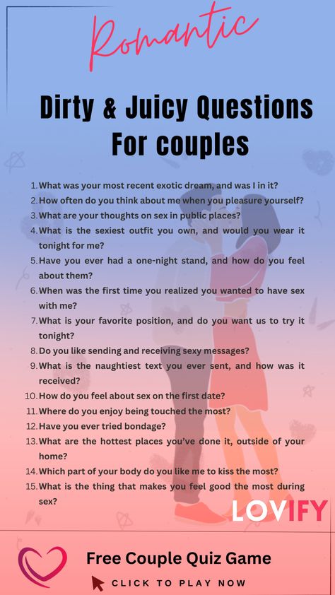 "Add some excitement to your relationship with these playful and intriguing questions for couples! 💑🔥 From teasing fantasies to cheeky confessions, explore new depths of intimacy and connection together. Get ready for some juicy conversations that'll spice up your bond! #CoupleTalks #IntimateConnections #SpiceItUp #LoveAndPassion" Bedroom Questions For Couples, Juicy Questions To Ask Your Boyfriend, Never Have I Ever Questions Juicy, Mr And Mrs Game, Fun Couples Quiz, Juicy Questions, Fun Relationship Questions, Dirty Questions, Couple Quiz