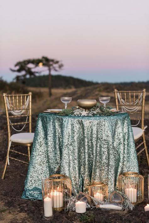 Glam Mermaid Wedding on the Moonlit Coast - Sequin and Candlelight Sweetheart Table in Aqua and Copper | B Jones Photography | heyweddinglady.co... Tiffany Blue Wedding Decorations, Wedding Seaside, Little Mermaid Wedding, Tiffany Blue Weddings, Wedding Mermaid, Blue Wedding Decorations, Tiffany Blue Wedding, Videography Wedding, Sea Wedding