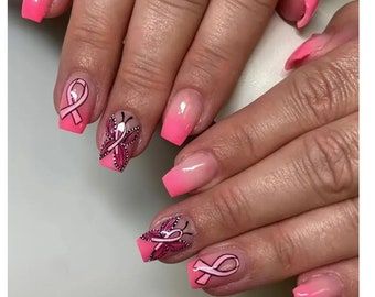 Ribbon Nails, Pink Press On Nails, Nails For Women, Pink Ribbon, Fake Nails, Press On Nails, Nail Designs, Ribbon, Square