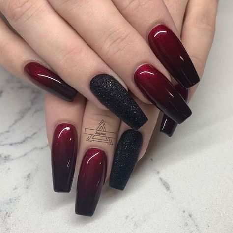 Simple Nails For Homecoming, Fall Polygel Nails, Orange And Black Ombre Nails, Red And Black Nail, Japan Nails, Red Black Nails, Black Ombre Nails, Red Ombre Nails, Bridesmaid Stuff