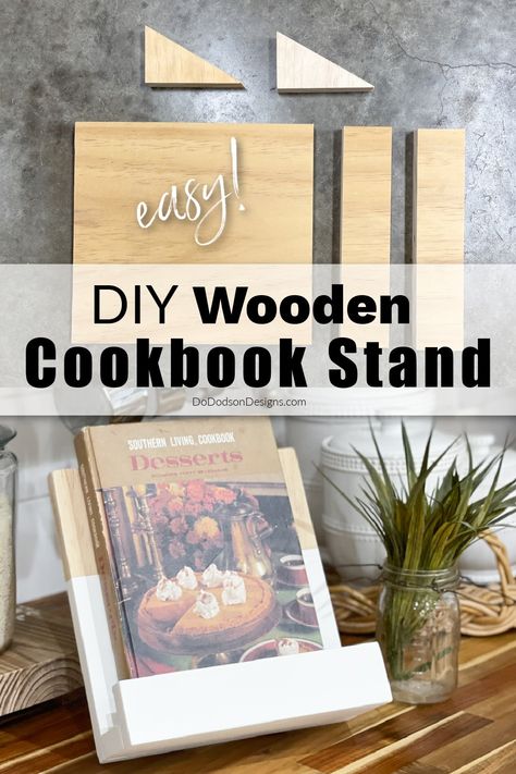 Easy DIY Cookbook Stand Made From Scrap Wood Cookbook Stand Diy, Diy Cookbook Stand, Recipe Book Holders, Diy Cookbook, Cookbook Stand, Recipe Book Diy, Modern Farmhouse Kitchen Decor, Cook Book Stand, Market Ideas