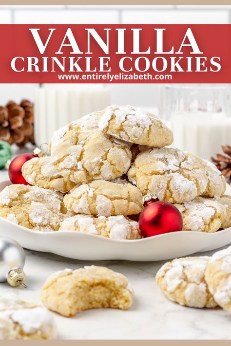 Perfectly crackled Vanilla Bean Crinkle Cookies that are pillowy-soft and melt in your mouth. Triple vanilla flavor makes these even better than chocolate crinkles! White Crinkle Cookies, Vanilla Crinkle Cookies Recipe, Vanilla Crinkle Cookies, Kringle Cookies, Butterless Cookies, Crackle Cookies, Crinkle Cookies Recipe, Chocolate Crinkle Cookies, Walnut Cookies