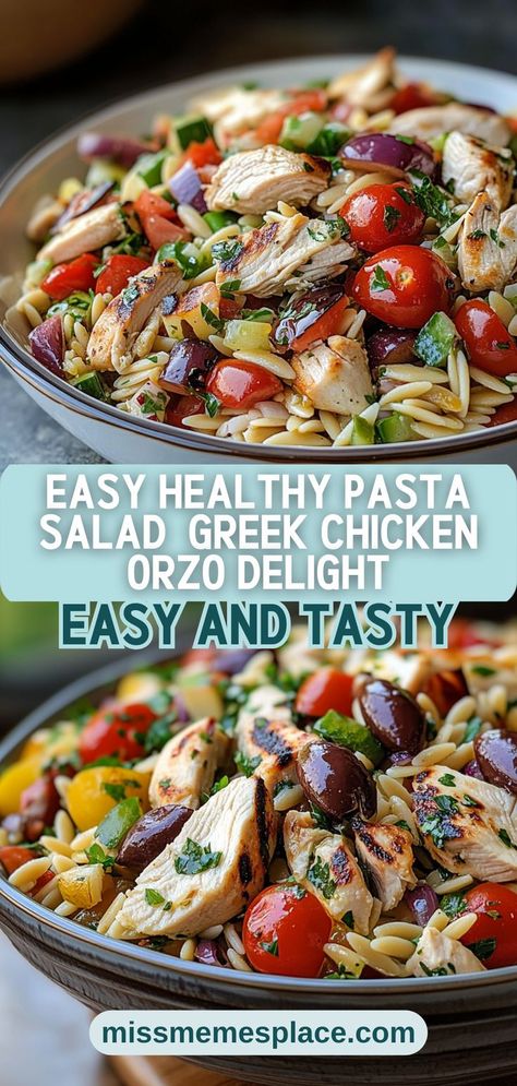 Looking for an Easy Healthy Pasta Salad? Look no further than this Greek Chicken Orzo Delight! Combining tender grilled chicken, al dente orzo, and a medley of fresh vegetables, this salad is a nutritional powerhouse. Tossed in a tangy lemon dressing, it bursts with flavor in every bite. Perfect for lunch, dinner, or as a side dish at your next barbecue, this salad is versatile and can be customized with your favorite seasonal ingredients. Enjoy a taste of the Mediterranean today! Sides With Greek Chicken, Greek Chicken Orzo Salad, Easy Healthy Pasta Salad, Orzo Salad Recipes Cold, Pasta Salad Greek, Orzo Recipes Healthy, Greek Chicken Orzo, Chicken Orzo Salad, Easy Healthy Pasta