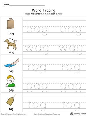 Word Tracing: AG Words in Color Worksheet.Topics: Word Families, Writing, and Reading. Phonic Book, Kid Worksheets, Nursery Syllabus, Word Families Printables, Word Tracing, Kindergarten Word Families, Writing Cvc Words, Printable Alphabet Worksheets, Word Family Worksheets