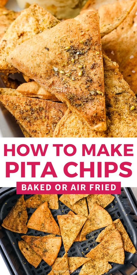 Closeup of seasoned pita chip and air fried pita chips in a basket. Pita Chips Recipe, Baked Pita Chips, Homemade Pita Chips, Toaster Oven Recipes, Homemade Pita, Roasted Garlic Hummus, Potato Chip, Pita Chips, Chips Recipe