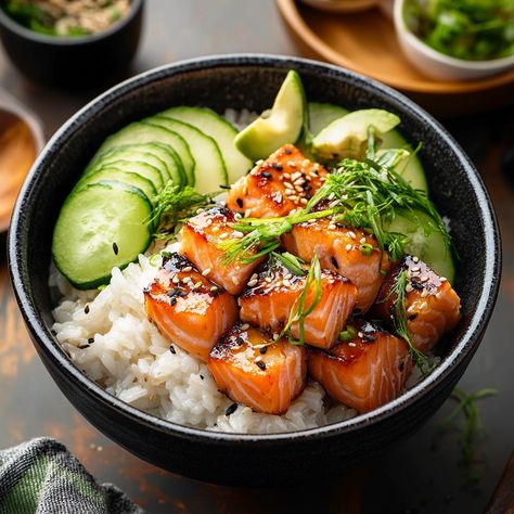 Delicious Salmon Rice Bowl Recipe for a Healthy Meal Rice And Salmon Recipes, Rice Bowl Aesthetic, Salmon Rice Bowl Recipes, Healthy Rice Bowl Recipes, Rice With Salmon, Salmon Bowl Recipe, Aesthetic Meals, Rice Bowls Healthy, Bowl Aesthetic