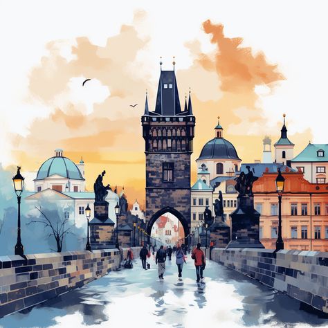 #CharlesBridge #Prague #WatercolorArt #Rannerman #CzechRepublic #Landmark #VltavaRiver #Cityscapes #LightAndShade #Panorama #HistoricalSignificance #ArtisticNuance #Tableau #TimelessArchitecture #AtmosphericAllure #TranquilAmbience #ExpressiveStrokes #WatercolorHues #ElegantWatercolors #ArtisticHomage #DramaticBackground #DepthInterpretation #EnduringBeauty #SereneScenery #EvocativeArtwork Prague Watercolor, Prague Painting, Puzzle Painting, Prague Charles Bridge, Charles Bridge Prague, Dramatic Background, Watercolour Ideas, Bridge Painting, Timeless Architecture