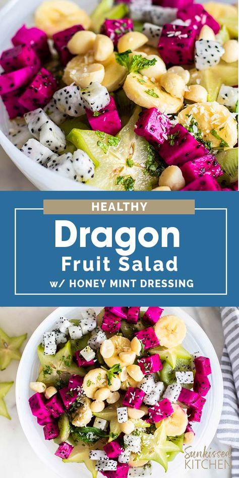 A healthy and exotic dragon fruit salad tossed in a honey mint dressing with macadamia nuts. Dragon Fruit Recipe, Dragon Fruit Salad, Dragonfruit Recipes, Easy Fruit Salad, Fruit Salad Ingredients, Mint Dressing, Dressing For Fruit Salad, Fruit Recipe, Thanh Long