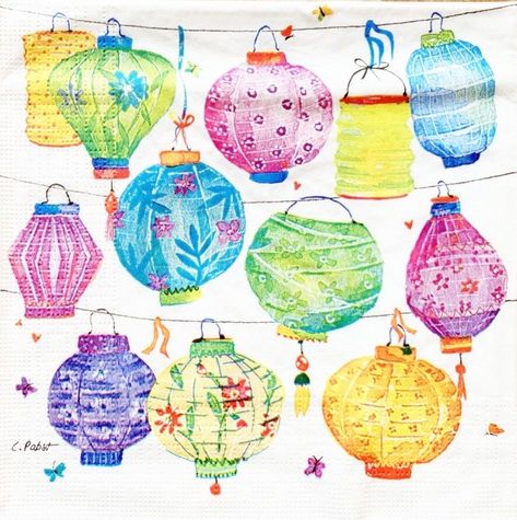 Lanterns Drawing, Colorful Lanterns, Lantern Drawing, Lantern Illustration, Lantern Tattoo, Vietnam Art, Decoupage Napkins, Chinoiserie Style, Paper Lantern