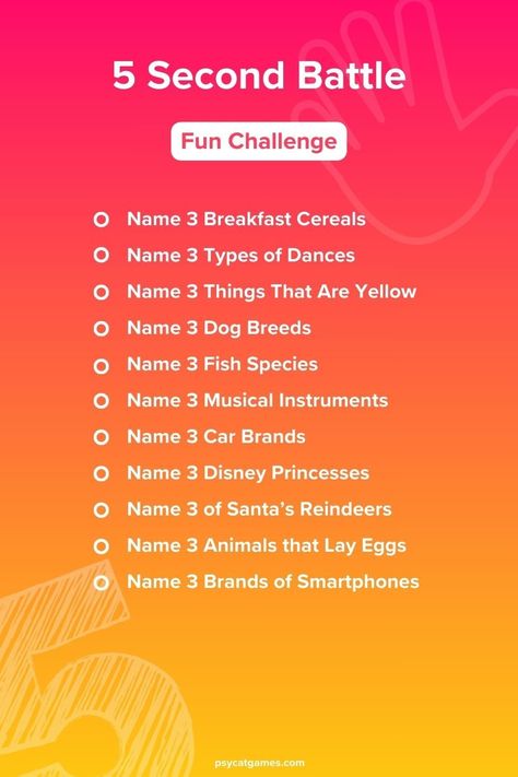 5 Second Battle Challenge 5 Second Rule Game Questions, 5 Second Rule Game, Question List, Will Smith Movies, Egg Names, Disney Princess Names, 5 Second Rule, Game Questions, Dog Breed Names