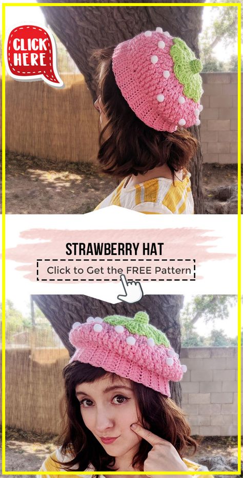 Crochet Strawberry Beret, Strawberry Hat Crochet Pattern Free, Strawberry Crochet Hat Pattern, Strawberry Crochet Beanie, Strawberry Crochet Projects, Free Crochet Patterns For Beginners Clothing, Easy Crochet Hat Patterns Free Beginners, Cute Crochet Hat Patterns Free, Easy Crochet Tutorial For Beginners