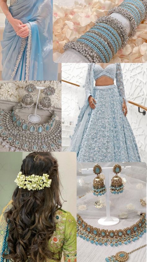 Light Blue Indian Outfit, Lehenga With Jewellery, Blue Indian Aesthetic, Lehenga Jewellery Ideas, Blue Indian Outfit, Light Blue Saree, Light Blue Lehenga, Bridal Jewelry Sets Brides, Lehenga Saree Design