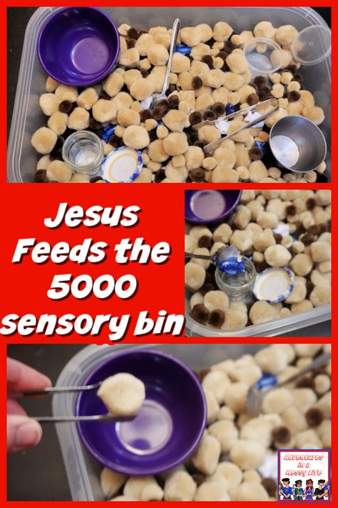 Jesus Feeds the 5000 sensory bin Bible Story Sensory Bins, Bible Sensory Bins, Jesus Feeds 5000 Activity, Jesus Feeds 5000 Craft, Jesus Feeds The 5000 Craft, Jesus Feeds The 5000, Jesus Feeds 5000, Vbs Craft, Sunday School Games