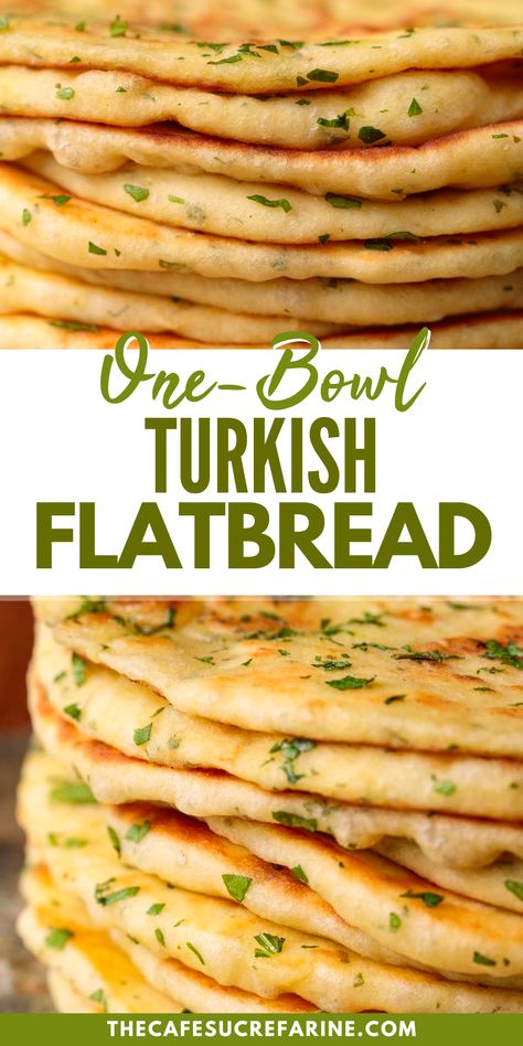 This One-Bowl Turkish Flatbread is the perfect, easy recipe that requires no mixer! This flatbread pairs deliciously with hummus, tabouli, and for wraps. These delicious, tender, pita-type flatbreads are cooked in a pan on the stovetop in minutes. Make this fantastic Turkish flatbread to pair with any of your dinners! Greek Yogurt Turkish Flatbread, Kafka Recipe, Sour Cream Flatbread, Best Flat Bread Recipe, Easy Turkish Bread Recipe, Pita Grilled Cheese, Breakfast Flatbread Recipes, Mediterranean Flat Bread Recipes, Pita Meal Ideas