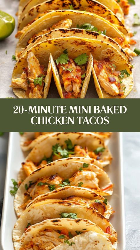 Crispy, cheesy, and ready in just 20 minutes! These Mini Baked Chicken Tacos are a perfect quick fix for taco cravings. 🌮🔥 #MiniTacoMagic #ChickenTacoLove #QuickAndEasyMeals #CrispyDelights #CheesyGoodness #TacoNightFavorite #FamilyFriendlyBites #ReadyIn20 #FlavorfulAndFun #TacoHeaven Garlic Chicken Tacos, Small Tacos Recipes, Chicken Tender Taco Recipes, Skinnytaste Tacos, Chicken Taco Bites, Diced Chicken Tacos, Homemade Mini Tacos, Chicken For Tacos Recipe, Baked Tacos Chicken