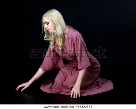 Crouching In Dress Pose, Sitting In A Dress, Blonde Haired Woman, Black Studio Background, Long Purple Dress, Weeping Woman, Purple Long Dress, Black Studio, Desi Fashion Casual