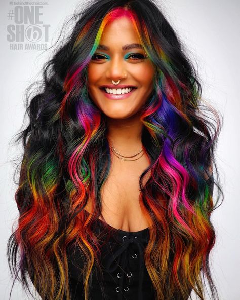 Oil Slick Hair Color, Long Hair Color Ideas, Neon Hair Color, Oil Slick Hair, Amber Hair, Vivid Hair Color, Bold Hair Color, Multi Colored Hair, Neon Hair