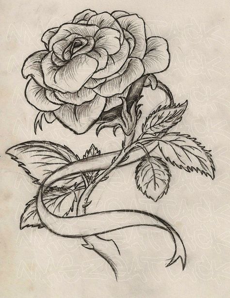 get 2 of these w/ the ribbons intertwining together to make a heart. "hailey" in 1 ribbon, "austin" in the other Thorn Tattoo, Rose Drawing Tattoo, Ribbon Tattoos, Tattoo Rose, Rose Tattoo Design, Rose Drawing, Roses Drawing, Best Tattoo Designs, Hip Tattoo