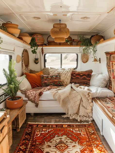 25 Tips for Designing a Cozy Boho Camper – TastyInteriors Southwest Camper Interior, Vanlife Interiors Boho, Camping Caravan Ideas, Cozy Camper Ideas, Southwest Camper Decor, Camper Ceiling Ideas, Cottagecore Camper, Boho Pop Up Camper, Boho Caravan Interior