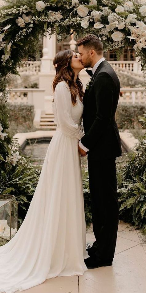 27 Awesome Simple Wedding Dresses For Cute Brides ♥️ simple wedding dresses straight high neckline long sleeves lindseyboluyt #wedding #bride #weddingdress #weddingforward Simple Bridal Gowns, Baju Kahwin, Modest Bride, Simple Wedding Dresses, Wedding Dress Guide, Dress Guide, Modest Wedding, Brides Wedding Dress, Long Sleeve Wedding